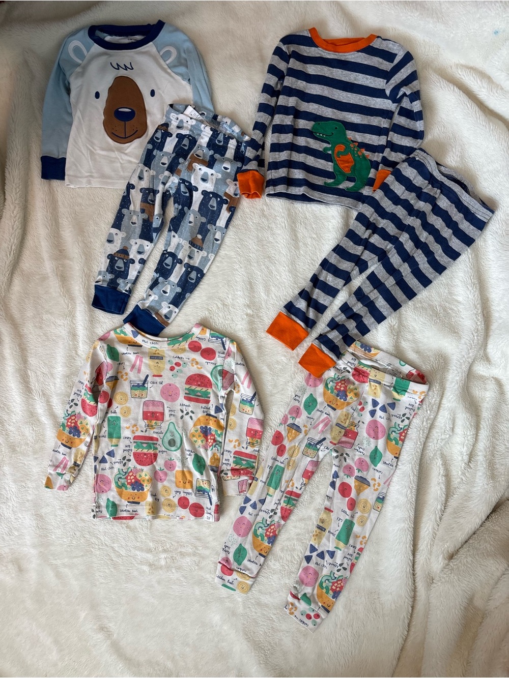 2T long sleeve Pajama Sets - Blue Stripe Dinosaur, Bear & Colorful Snack Prints